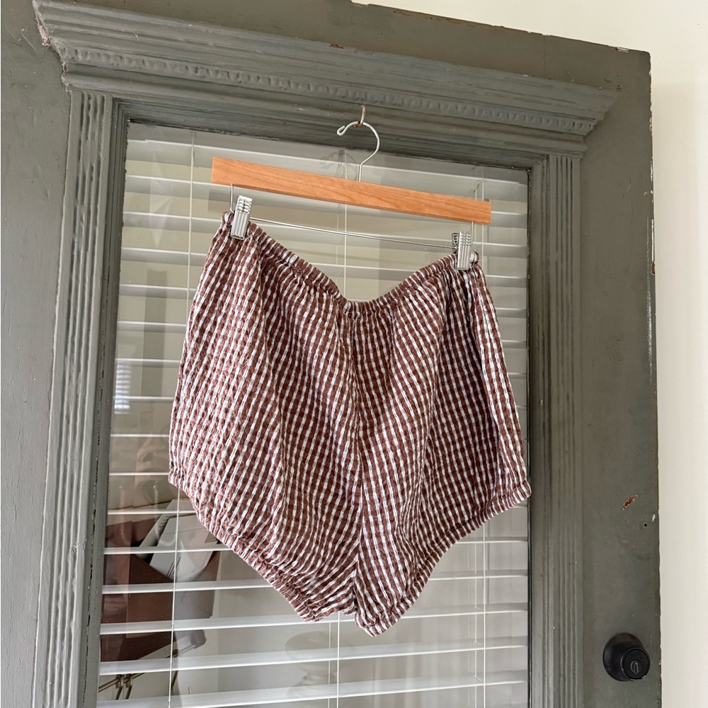 Free People Brown Gingham Drawstring Shorts with Aqua Tie - Picture 3 of 3